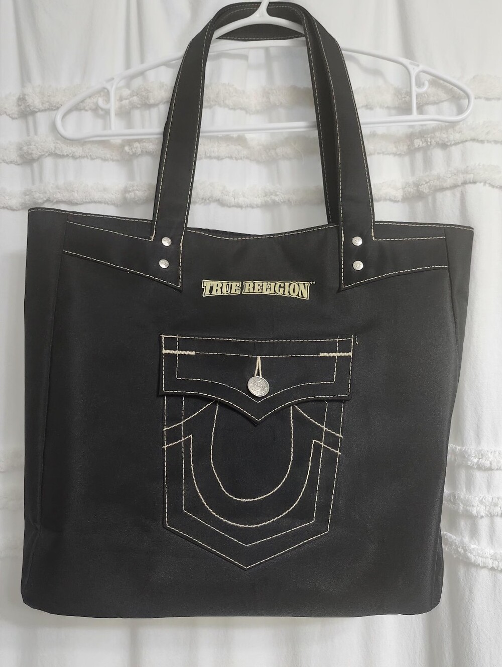 True Religion Black Tote with Tan Contrast Stitching